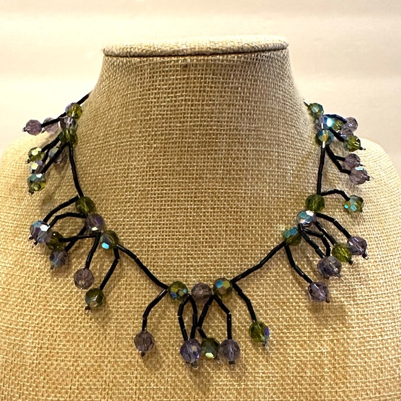 Glass Crystal bead necklace marked DOL, Black bead chain, green & blue crystals - Picture 3 of 14